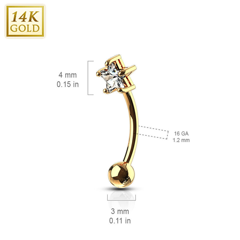 14 Karat Solid Gold Curved Barbell 16 Gauge 5/16" Eyebrow Star CZ Gem - Kruelty - Photo 3