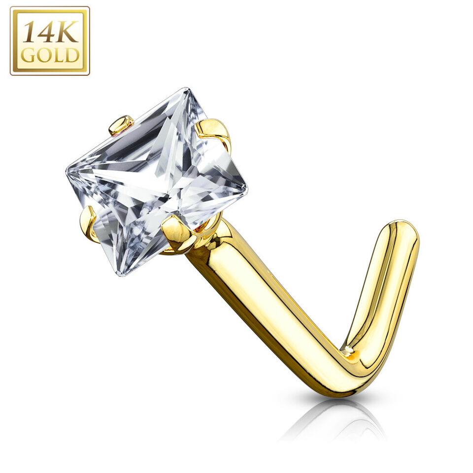 14 Karat Solid Gold Nose Ring Stud 20 Gauge 1/4" L Bend Square CZ - Kruelty - Photo 4