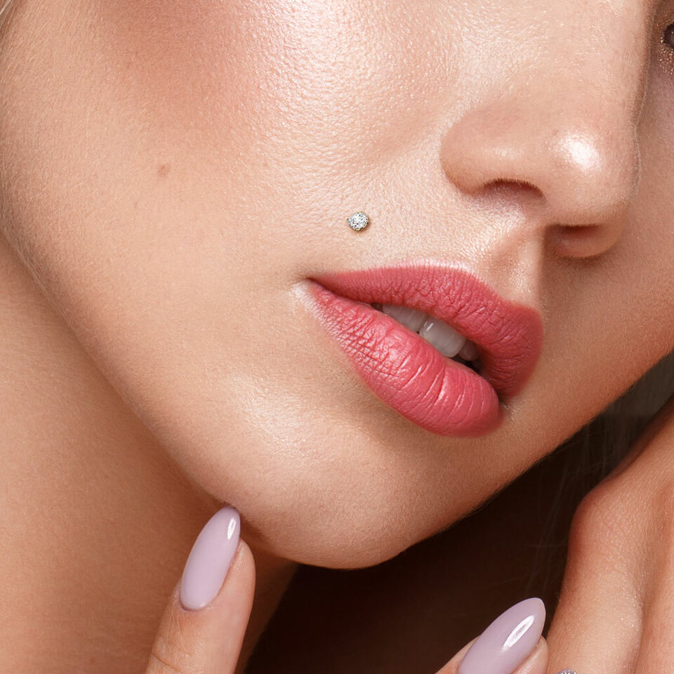 14 Karat Solid Gold Labret / Monroe Stud 18 & 16 Gauge with Round CZ - Kruelty - Photo 2