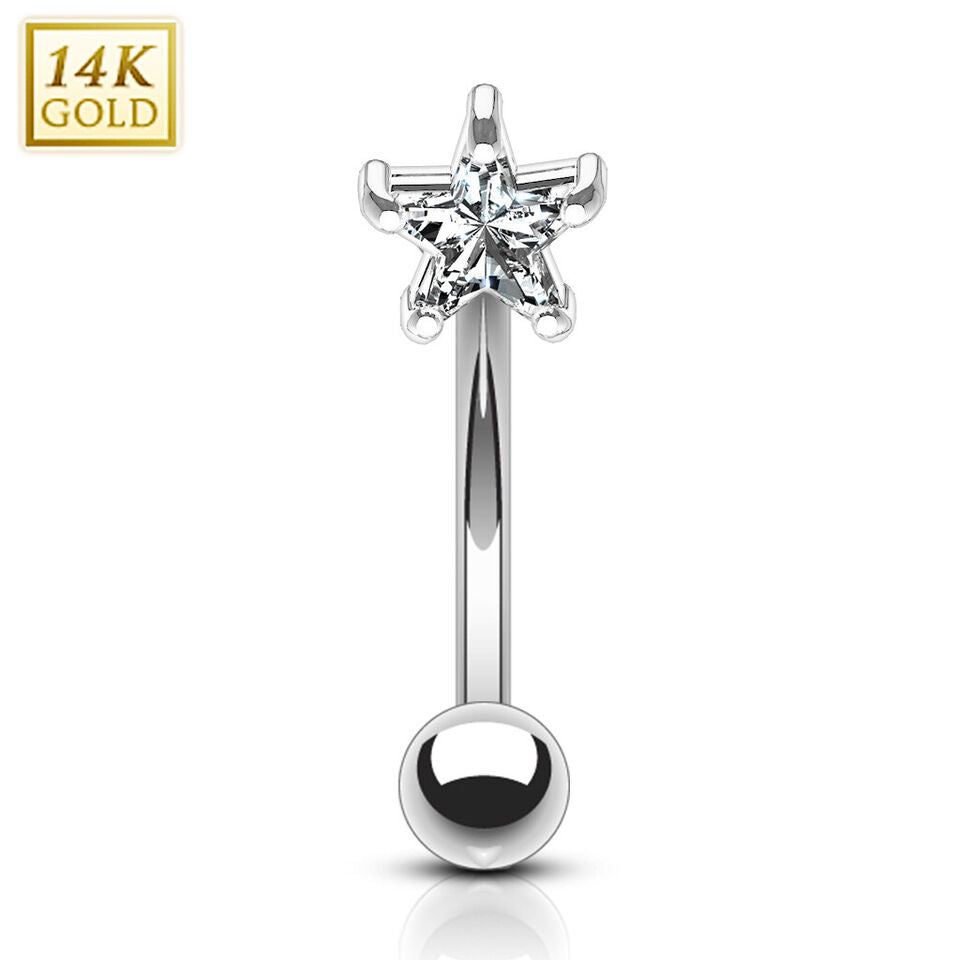 14 Karat Solid Gold Curved Barbell 16 Gauge 5/16" Eyebrow Star CZ Gem - Kruelty - Photo 5