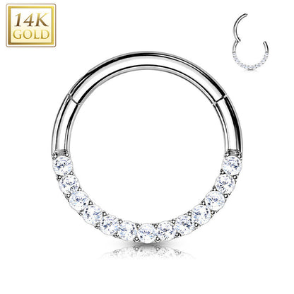 14 Karat Gold Septum Clicker Hinged Hoop Ring 16 Gauge CZ Half Circle