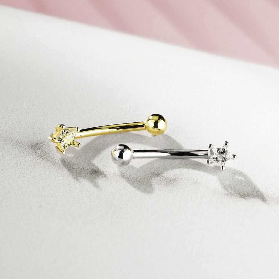 14 Karat Solid Gold Curved Barbell 16 Gauge 5/16" Eyebrow Star CZ Gem - Kruelty - Photo 6