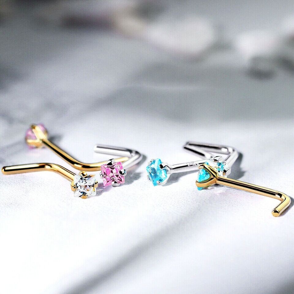 14 Karat Solid Gold Nose Ring Stud 20 Gauge 1/4" L Bend Square CZ - Kruelty - Photo 2