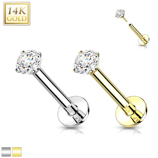 14 Karat Solid Gold Labret / Monroe Stud 18 & 16 Gauge - 2 MM CZ Gem