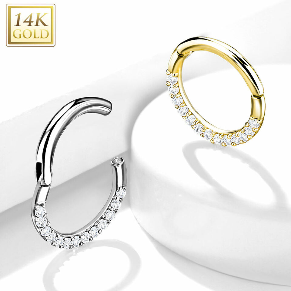 14 Karat Gold Septum Clicker Hinged Hoop Ring 16 Gauge CZ Half Circle