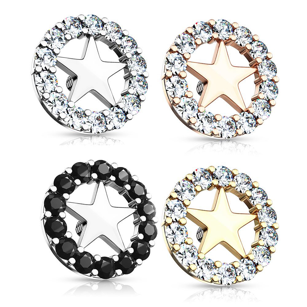 Surgical Steel 14 Gauge CZ Paved Circle Star Dermal Anchor Top