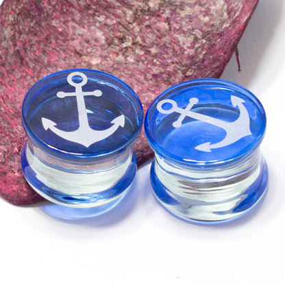 Blue Pyrex Glass 9/16 to 5/8 Inch Saddle Plugs with Anchor - Pair - photo 4