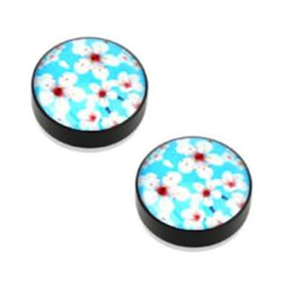 Acrylic Magnetic Fake Ear Gauges with Sakura & Skull Designs - Pair - photo 3