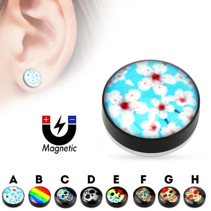 Acrylic Magnetic Fake Ear Gauges with Sakura & Skull Designs - Pair