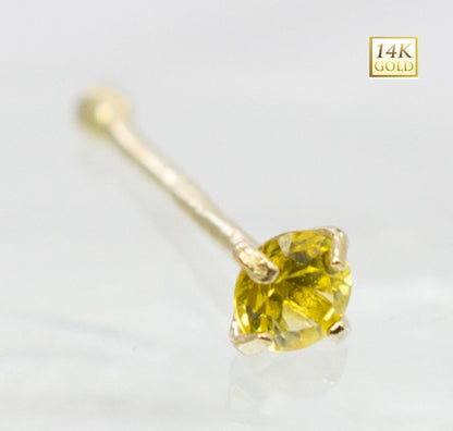 14K Solid Gold 22 Gauge Nose Bone Stud with Yellow CZ