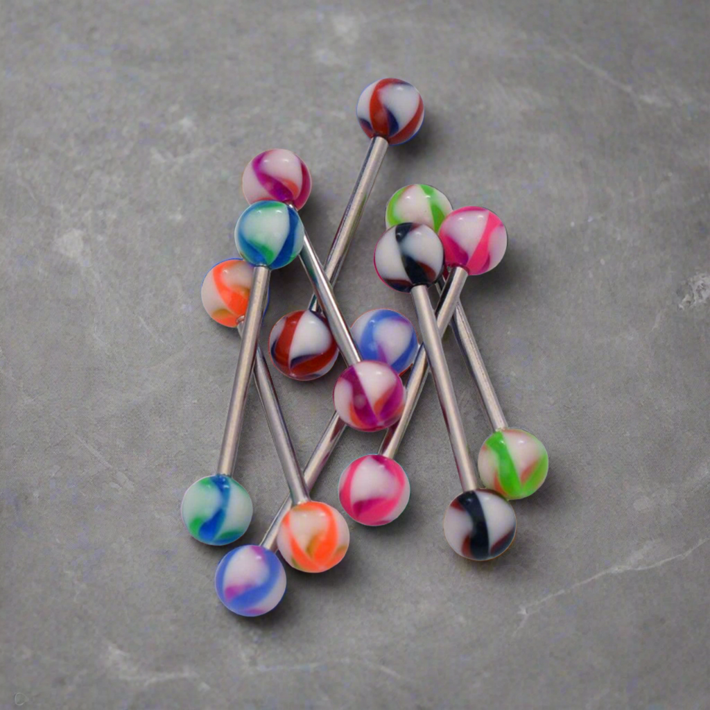 Surgical Steel Straight Barbell Tongue Ring 14 Gauge Acrylic - 8 Pack - Kruelty - Photo 3