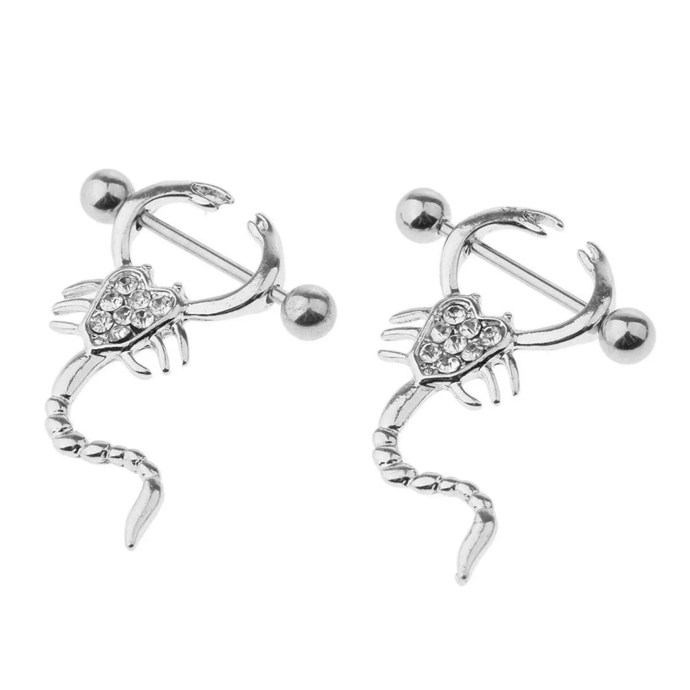 Surgical Steel 14 to 16 Gauge Nipple Barbell CZ Scorpion Shield - Pair