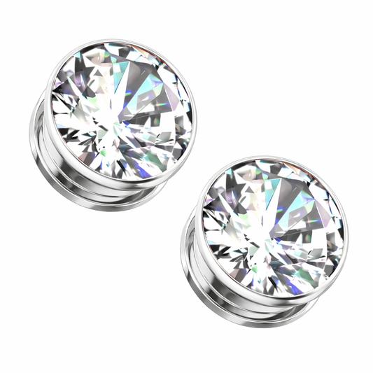 Surgical Steel 8 to 5/8" Inch Screw Center Large Cubic Zirconia - Pair