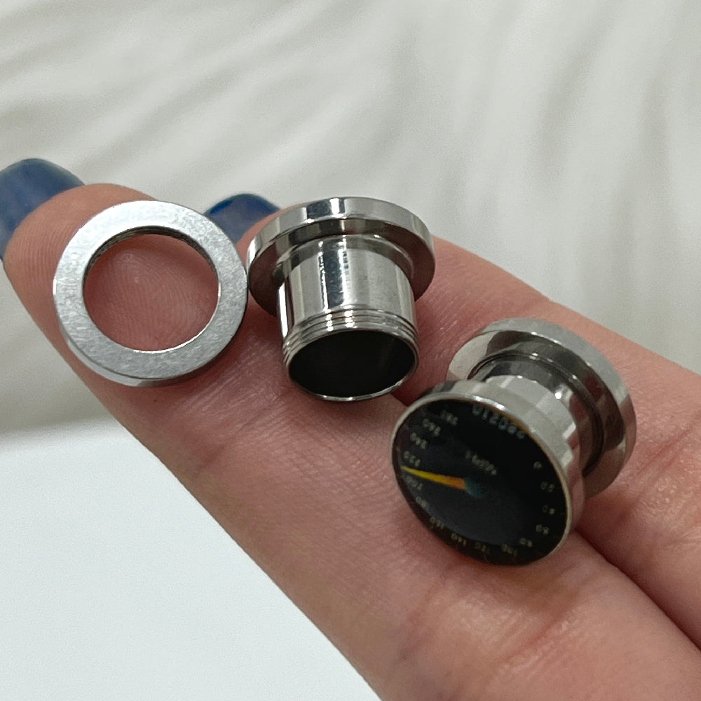 Surgical Steel Speedometer Logo Screw Fit Ear Tunnels