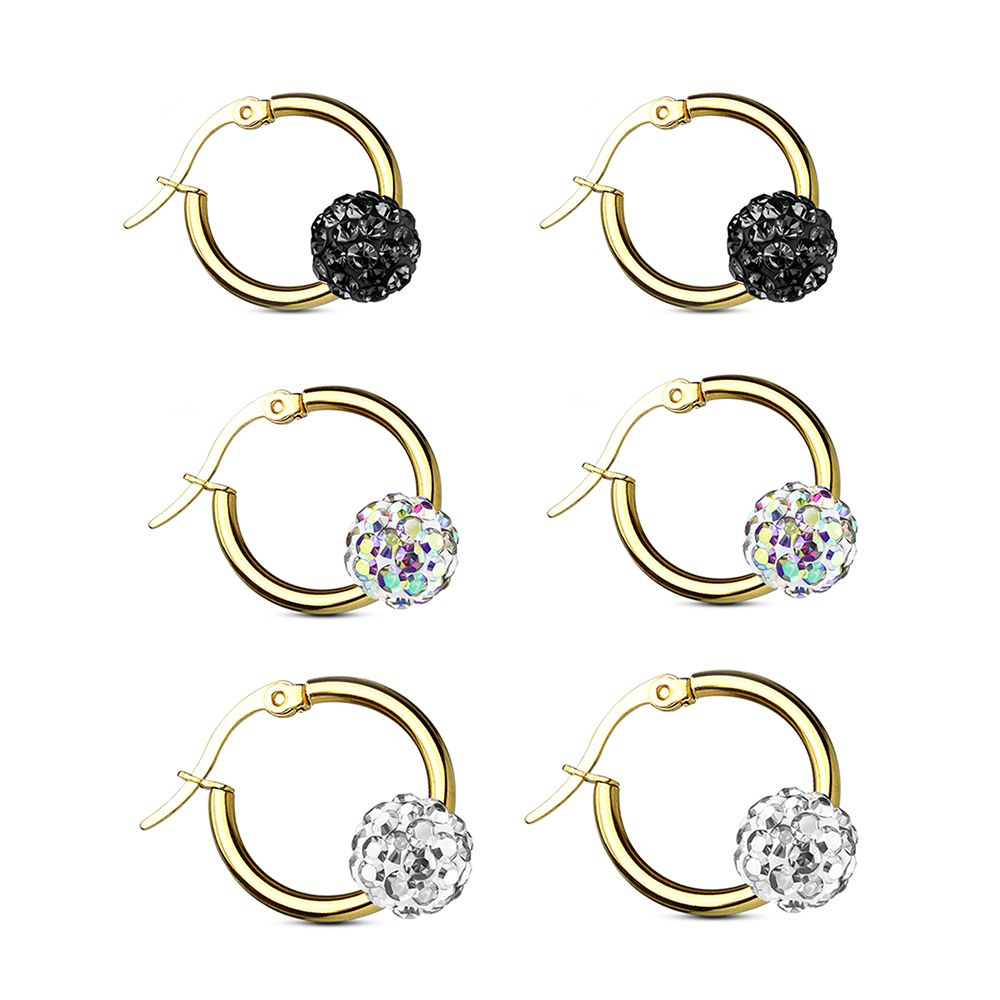 Gold IP Surgical Steel 12 Gauge Hoop Earrings with Crystal Ball - Pair