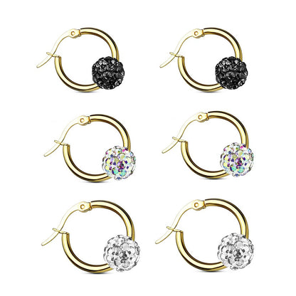 Gold IP Surgical Steel 12 Gauge Hoop Earrings with Crystal Ball - Pair