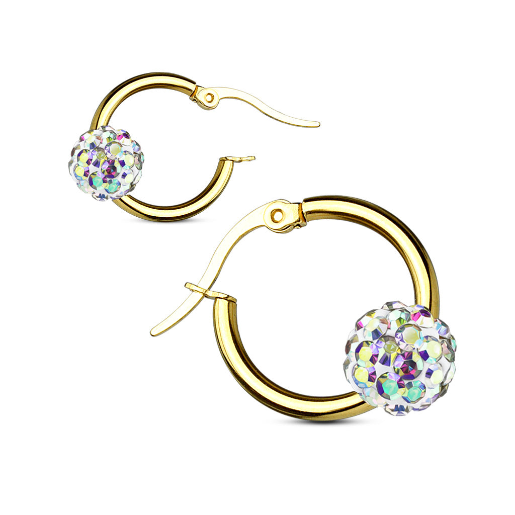 Gold IP Surgical Steel 12 Gauge Hoop Earrings with Crystal Ball - Pair - photo 2