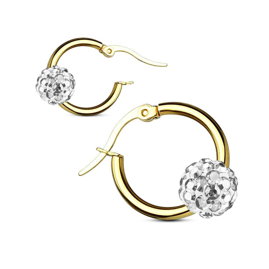 Gold IP Surgical Steel 12 Gauge Hoop Earrings with Crystal Ball - Pair - photo 3