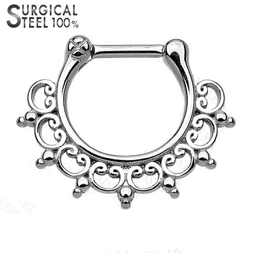 Surgical Steel Hinged Septum Clicker Ring 16 Gauge & Lace Tribal Fan - Kruelty - Photo 2
