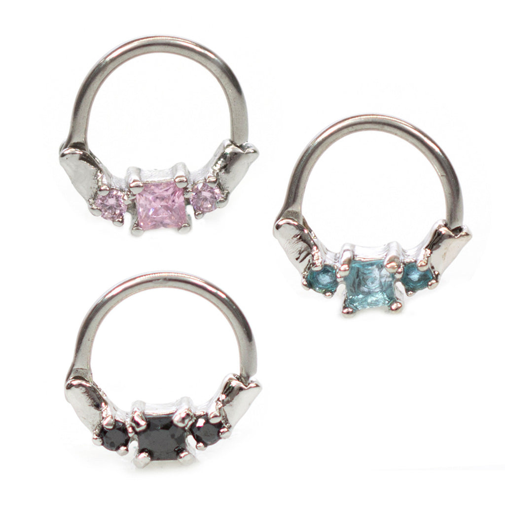 Surgical Steel Hinged Segment Hoop Septum Ring 16 Gauge & 3 Square Gem - Kruelty