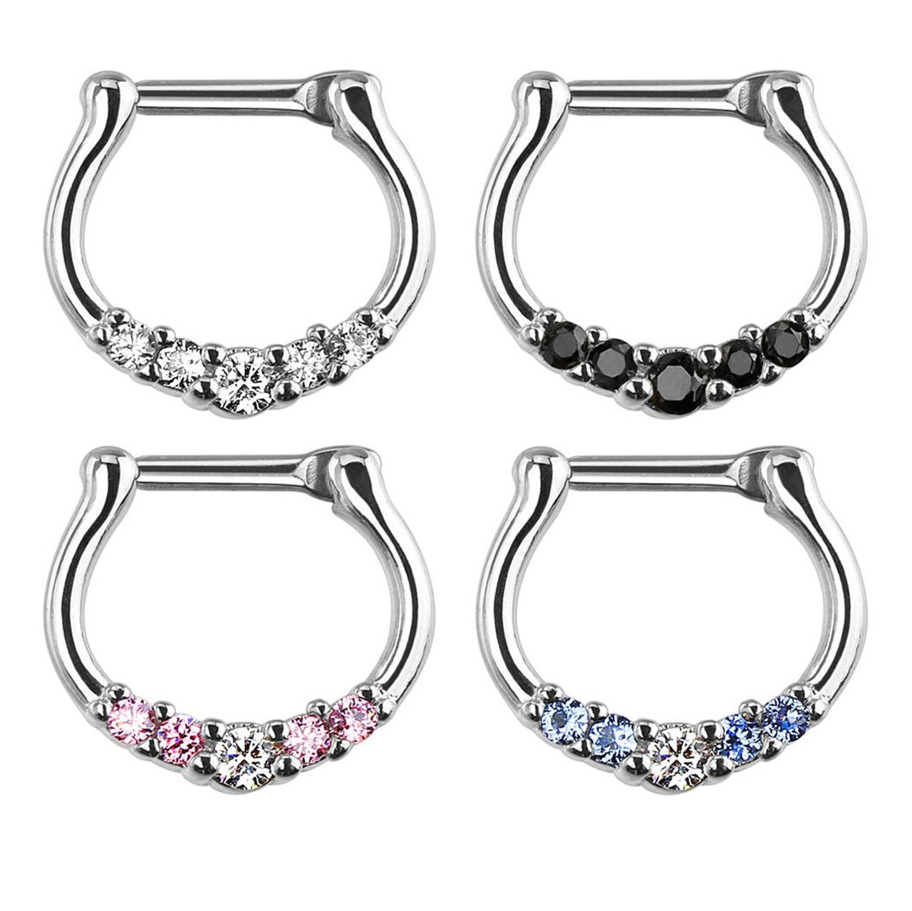 Surgical Steel Septum Clicker Ring 16 Gauge with 5 CZ Gems