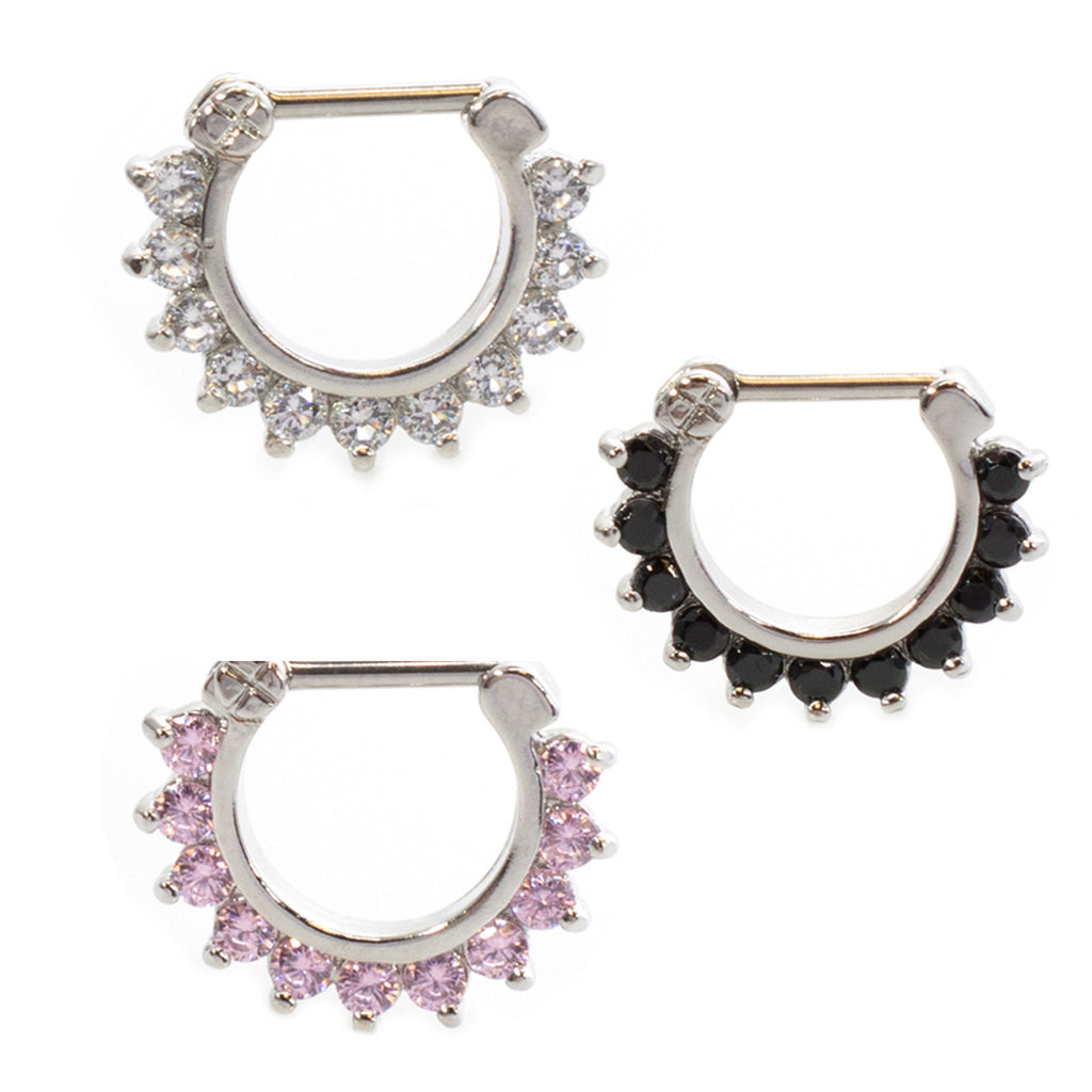 Surgical Steel Hinged Septum Clicker Ring 16 Gauge 11 CZ Gems - Kruelty