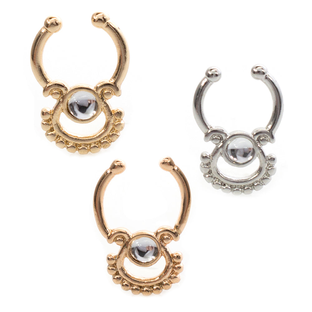 Surgical Steel Non Piercing Septum Hanger with Fan Design Clear Gem
