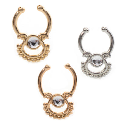 Surgical Steel Non Piercing Septum Hanger with Fan Design Clear Gem