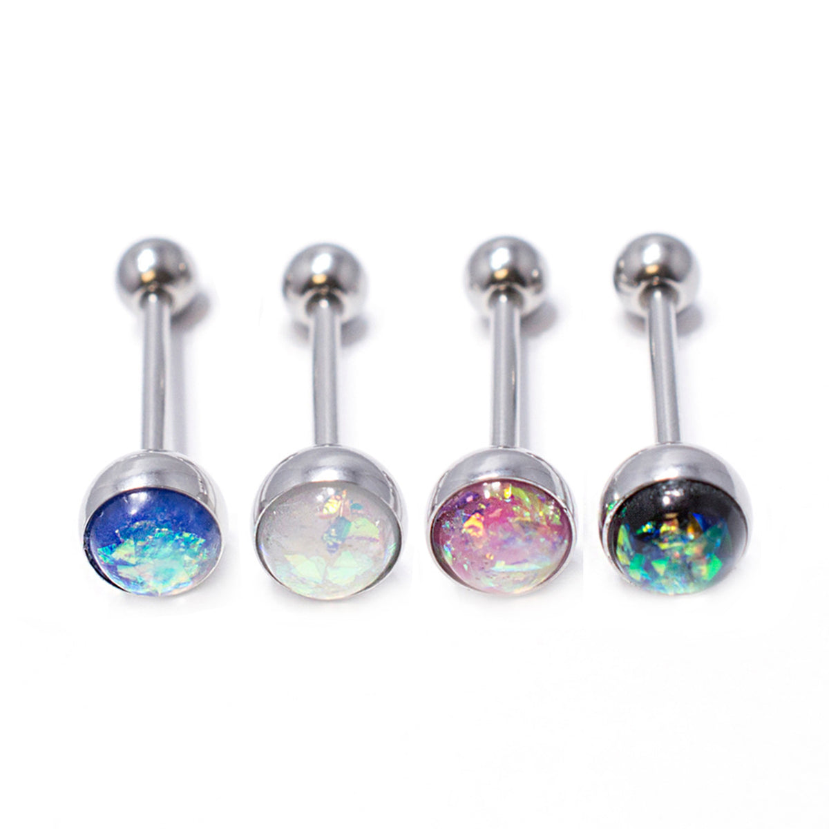 Surgical Steel Tongue Ring Straight Barbell 14 Gauge Opal Gem - 4 Pack - Kruelty