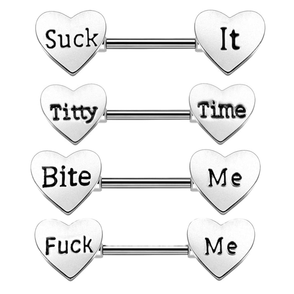 Surgical Steel 14 Gauge Nipple Barbells with Sexy Letter Heart - Pair