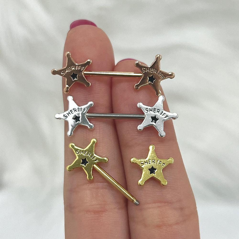 Surgical Steel Nipple Barbell 14G 14mm with Sheriff Badge Star - Pair - photo 4