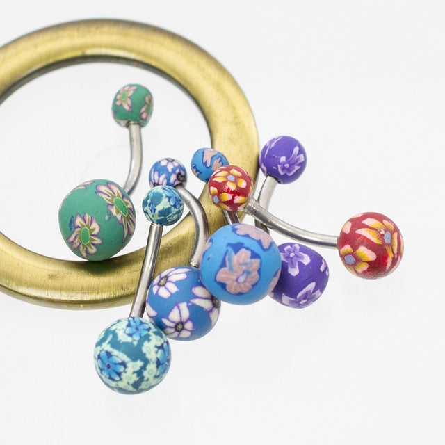Surgical Steel 14 Gauge Belly Rings with Clay Flower Ball - 6 Pack - photo 2