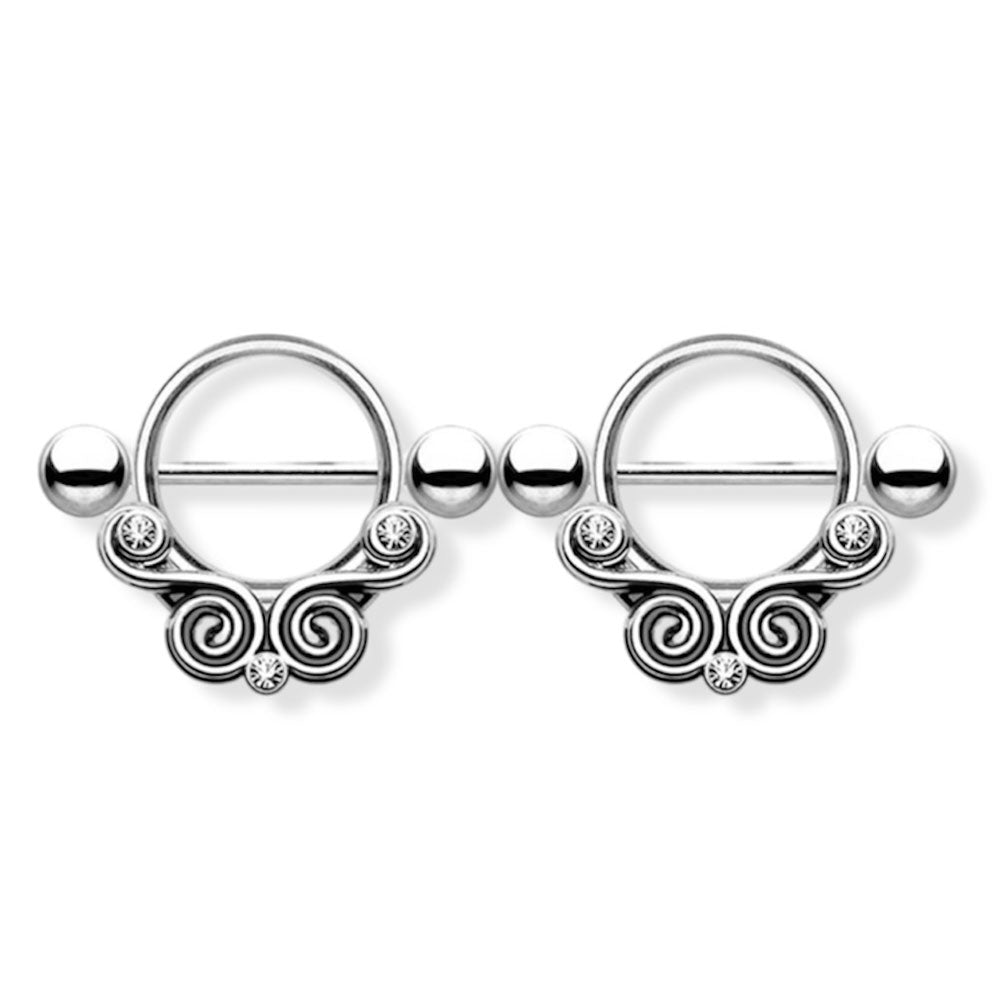 Surgical Steel 14 Gauge Nipple Shield with Tribal Lace Swirl CZ - Pair - photo 3