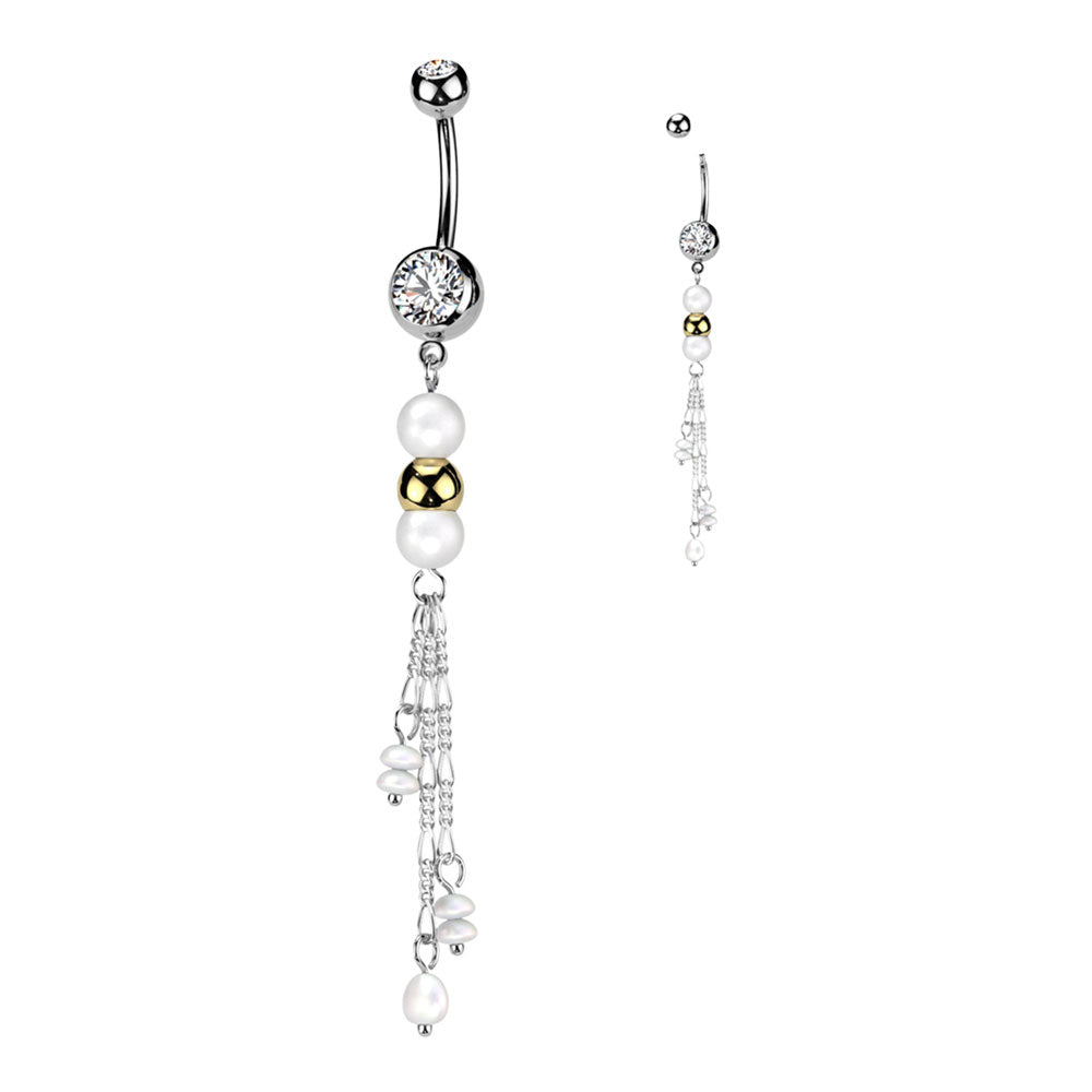 Surgical Steel Belly Ring 14G 10mm with Pearl & CZ Chain Dangle - photo 7