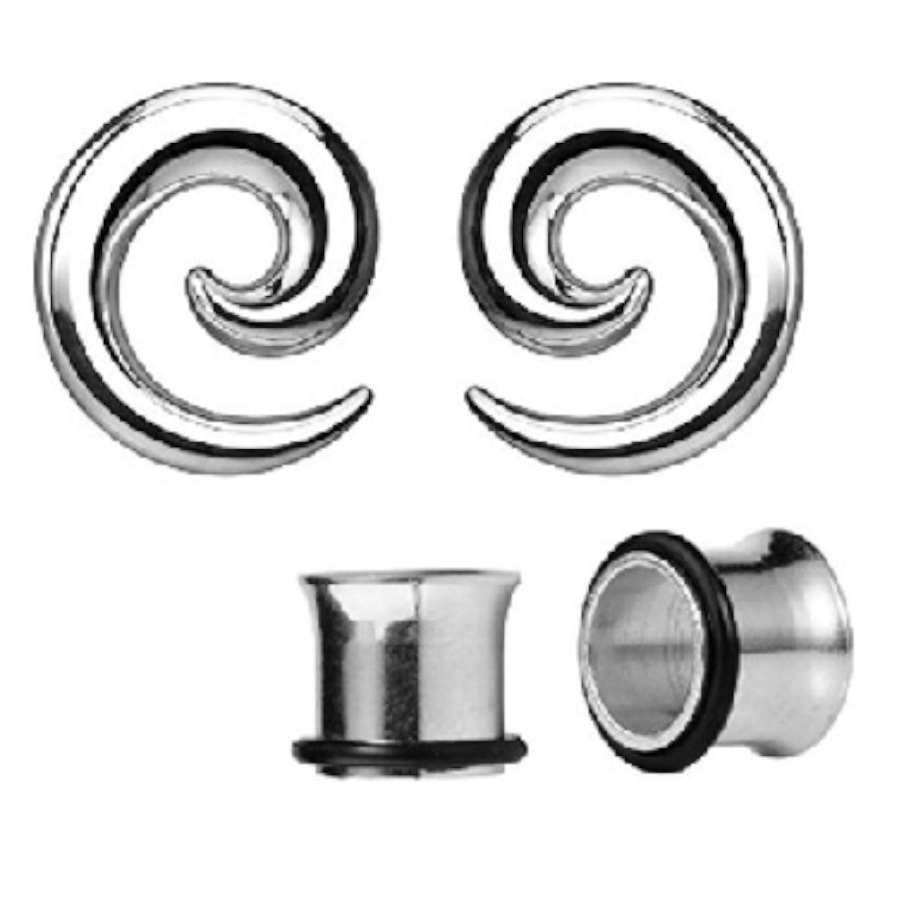 Surgical Steel 12 to 0 Gauge Spiral Taper Ear Tunnels - 2 Pairs