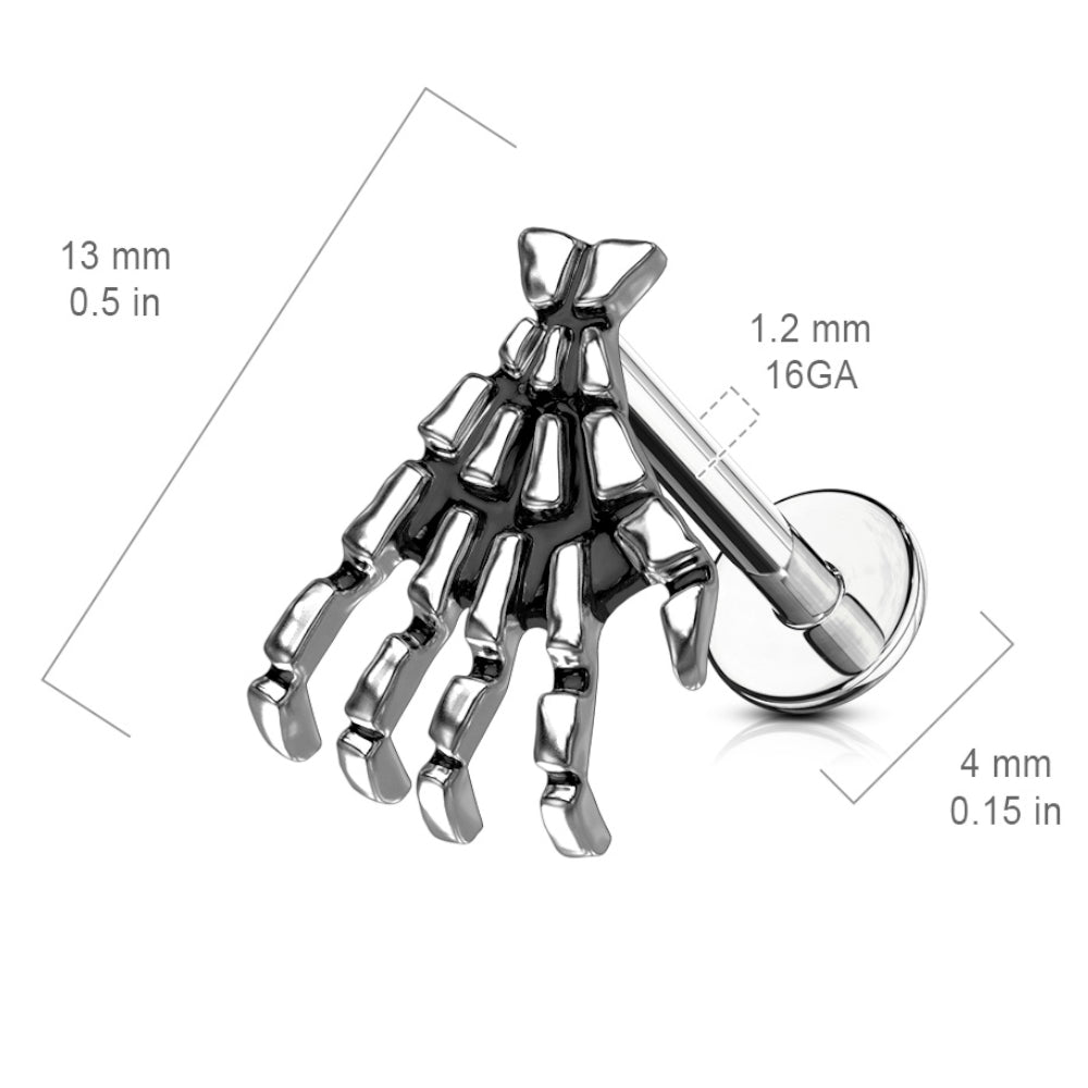 Surgical Steel Flat Back Labret Stud 16G 6mm & 8mm with Skeleton Hand - photo 6