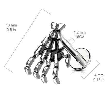 Surgical Steel Flat Back Labret Stud 16G 6mm & 8mm with Skeleton Hand - photo 6
