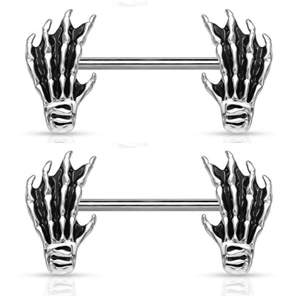 Surgical Steel Skeleton Hands Nipple Barbell 14 Gauge 14mm - Pair