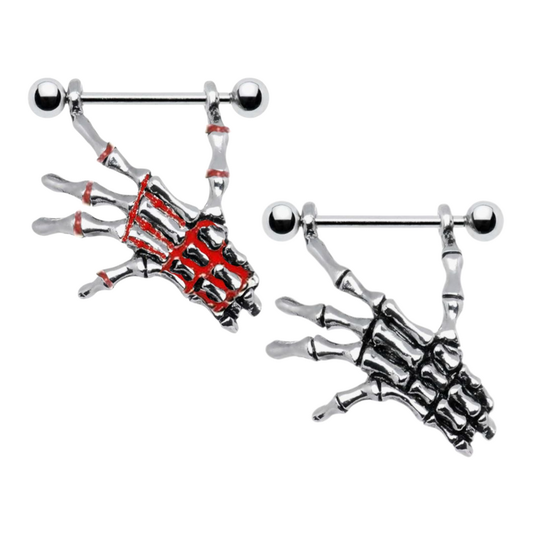 Surgical Steel 14 Gauge Skeleton Hand Dangle Nipple Shields - Pair