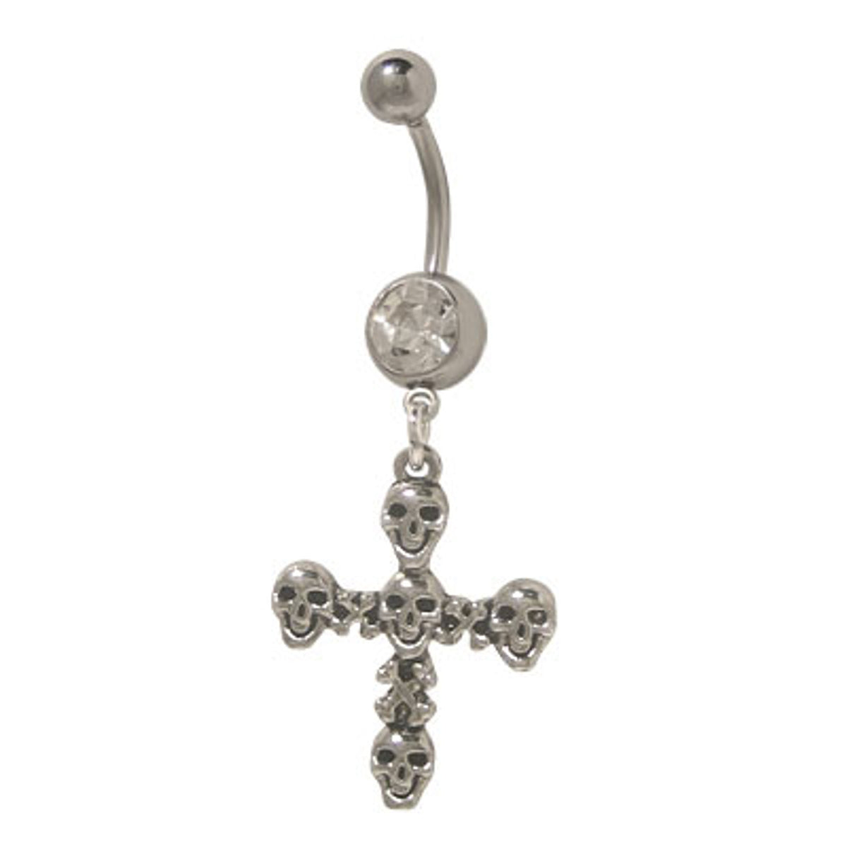 Surgical Steel 14 Gauge Belly Ring with CZ Dangle Skull Cross