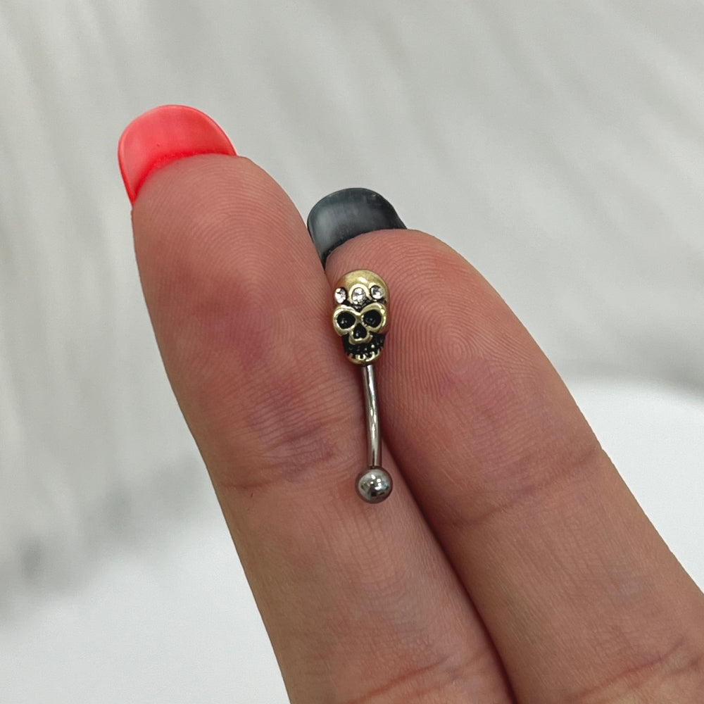 Surgical Steel 16 Gauge Eyebrow Barbell with CZ Antique Gold Skull - photo 5