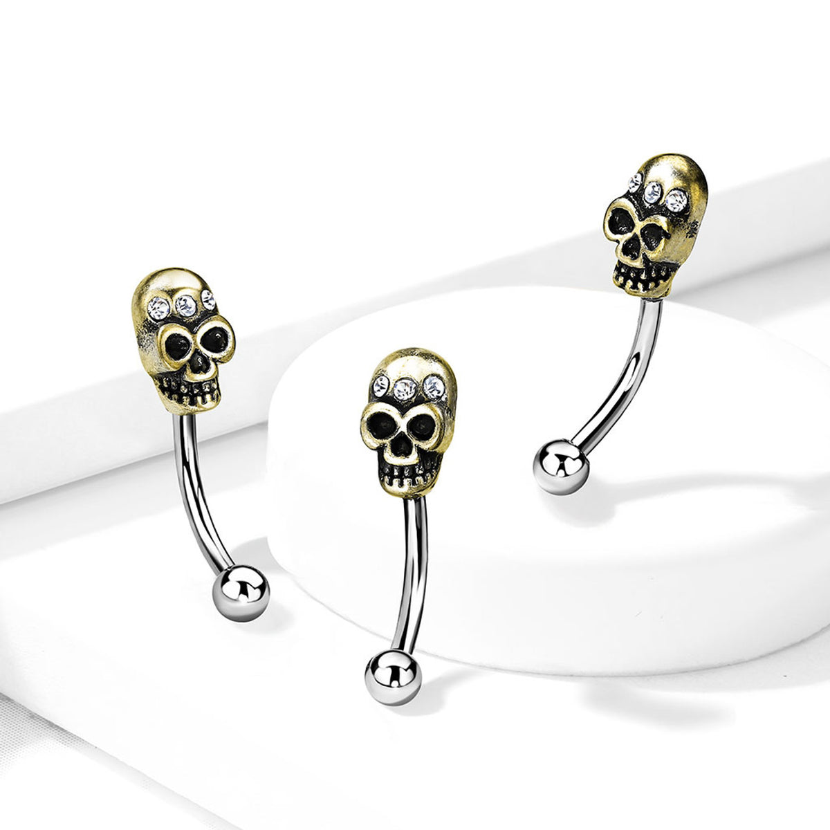 Surgical Steel 16 Gauge Eyebrow Barbell with CZ Antique Gold Skull