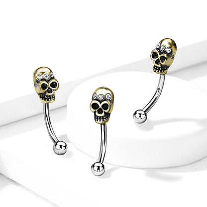 Surgical Steel 16 Gauge Eyebrow Barbell with CZ Antique Gold Skull