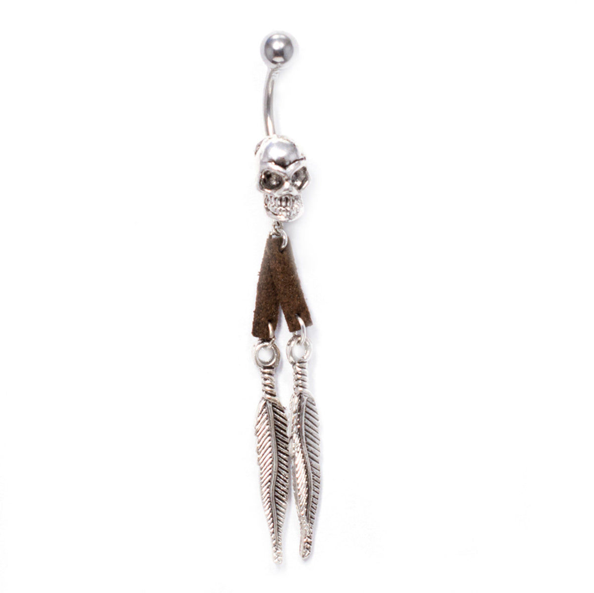 Surgical Steel 14 Gauge Belly Button Ring Dangle Feather Skull Head