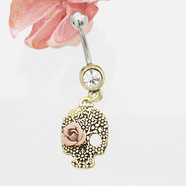 Surgical Steel 14 Gauge Belly Ring Rose Gold CZ Skull Dangle - photo 2