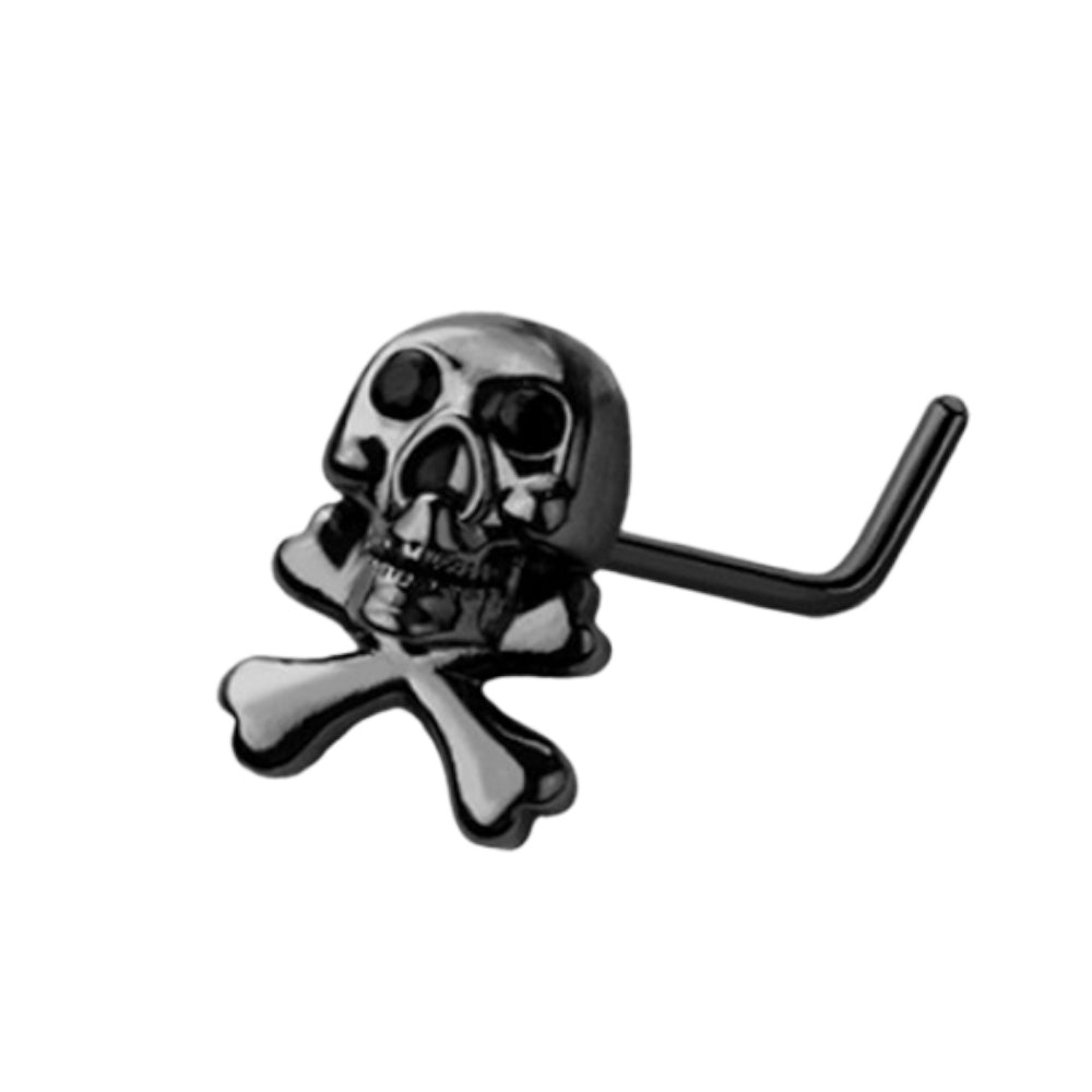 Surgical Steel Black PVD L-Shaped Nose Stud 20G 6.5mm with Skull