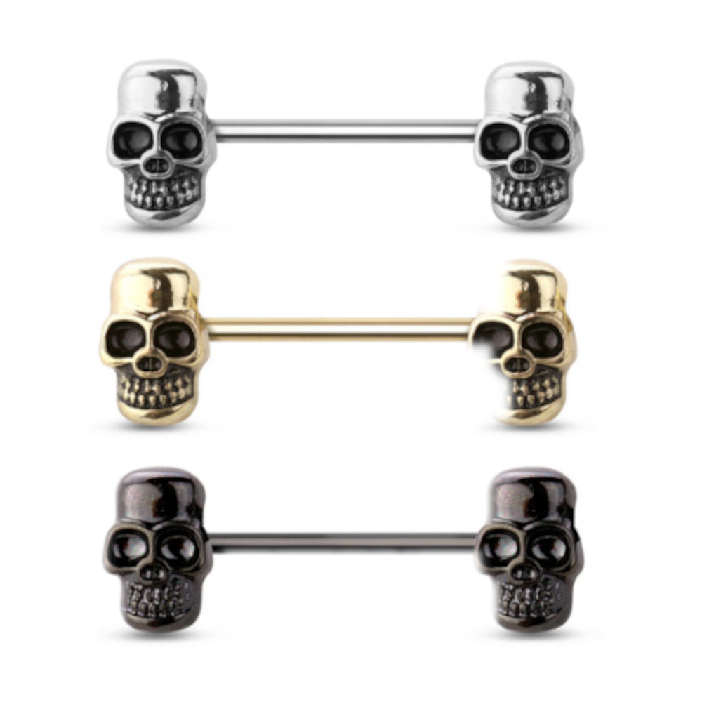 Surgical Steel Nipple Barbells 14G 16mm with Skull - 3 Colors - Pair