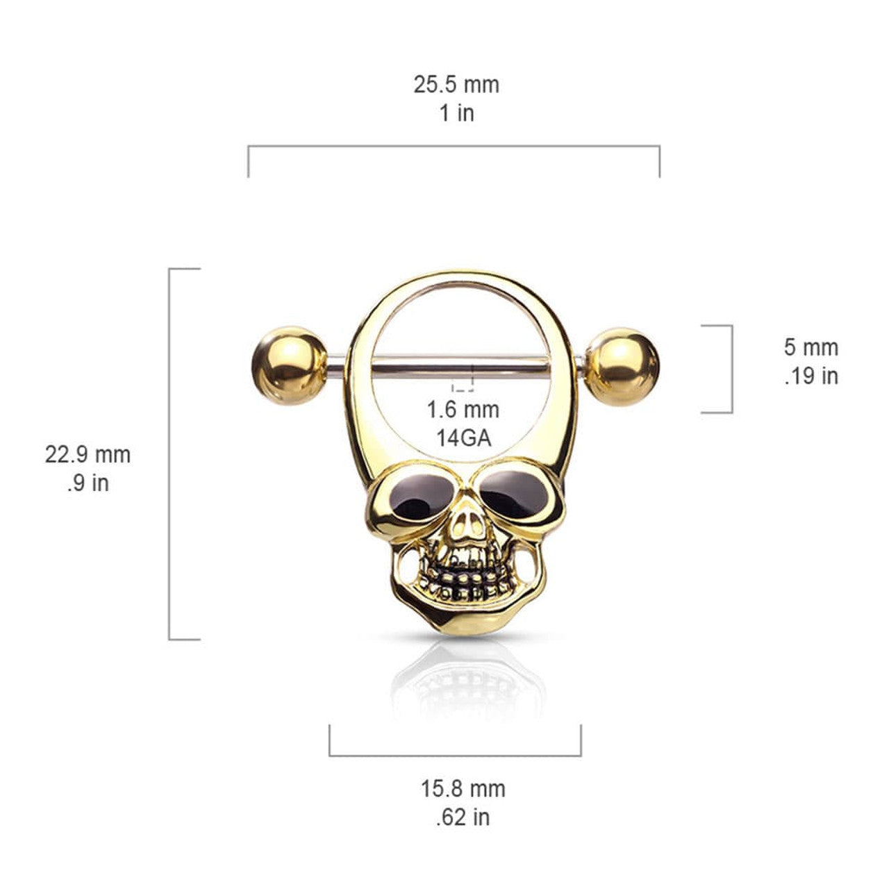 Surgical Steel Barbell Nipple Shield Ring 14 Gauge with Skull - Pair