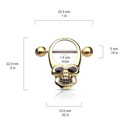 Surgical Steel Barbell Nipple Shield Ring 14 Gauge with Skull - Pair