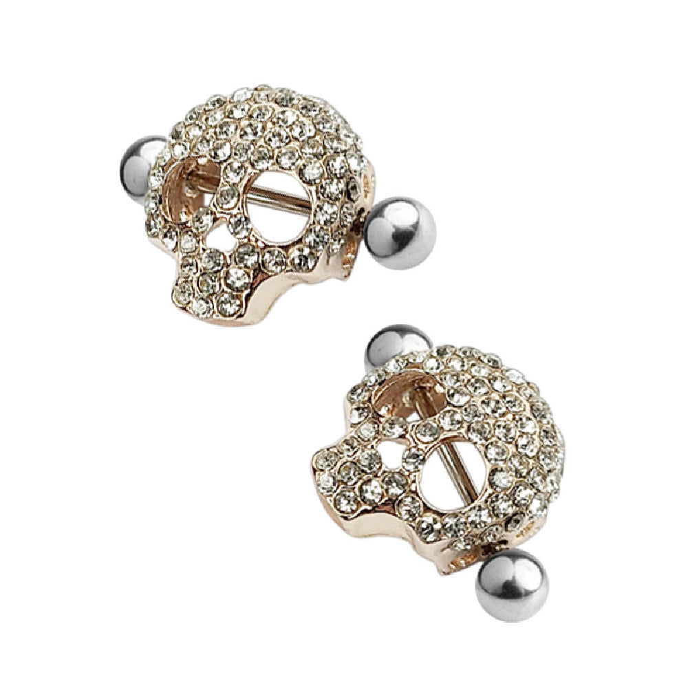 Surgical Steel 14 Gauge Nipple Shield Ring Rose Gold CZ Skull - Pair